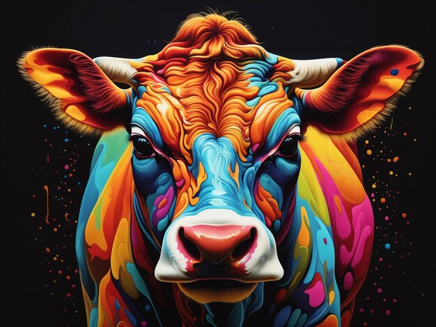 Retrato de una vaca en estilo pop art con colores voladores expresión generativa ai