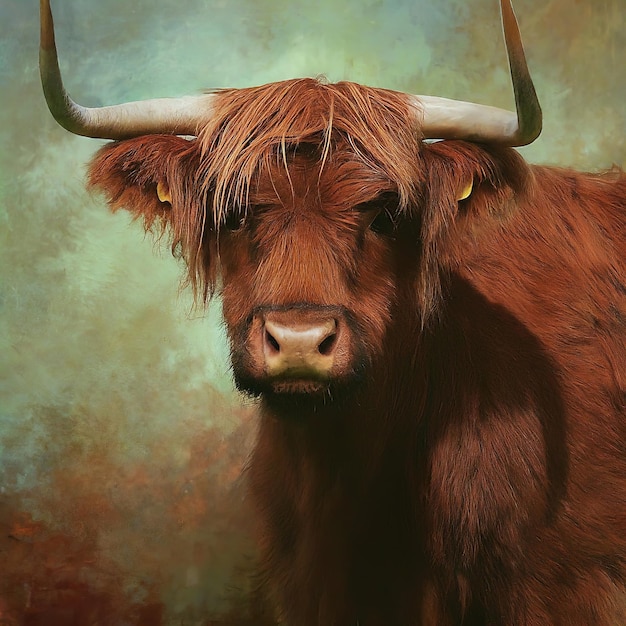 retrato de la vaca marrón con cuernos rojos en el fondo verde