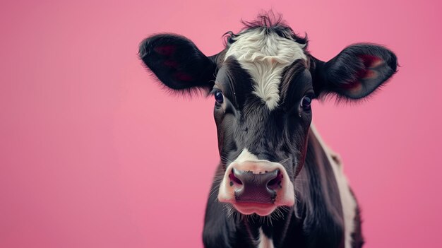 Retrato de una vaca negra y blanca sobre un fondo rosa