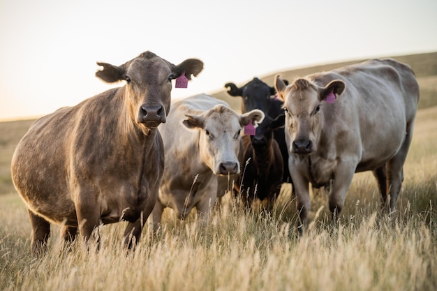 Retrato de vacas en un campo de pastoreo Granja de agricultura regenerativa que almacena CO2 en el suelo con secuestro de carbono Pasto largo y alto en un paddock en una granja en Australia en una sequía