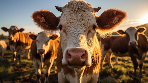 retrato de vacas en el pasto al atardecer