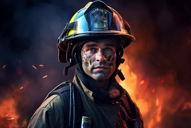 Retrato de un valiente bombero después de un deber frente a las llamas rojas Cara de cansancio y valiente héroe.