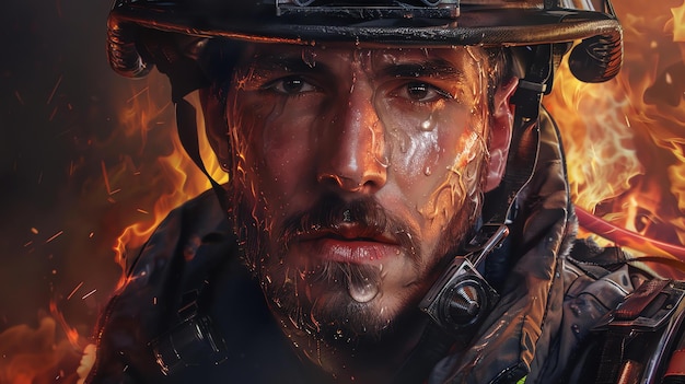Retrato de un valiente bombero con equipo de protección con agua en la cara y una mirada decidida en los ojos