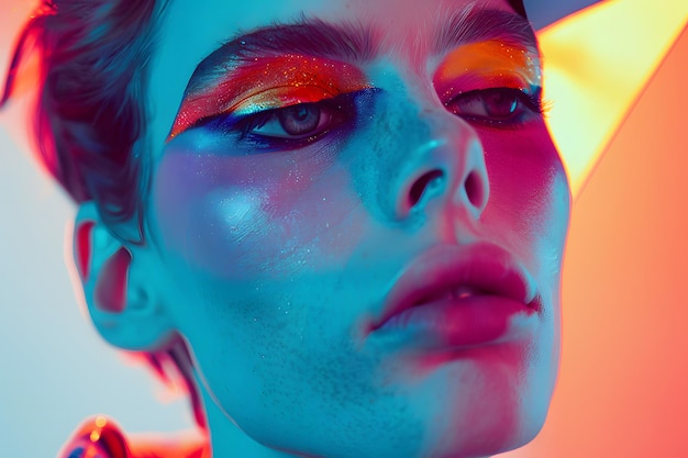 Retrato de vanguardia con maquillaje vibrante y iluminación de IA generativa