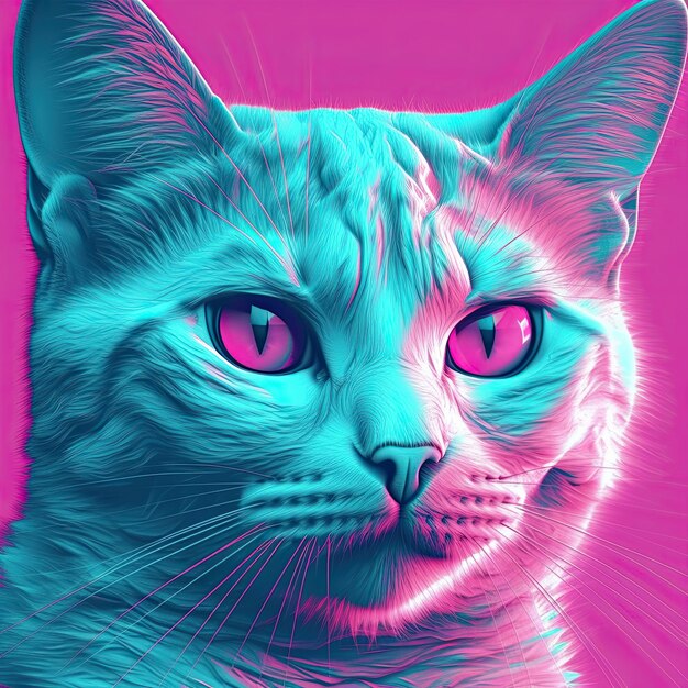 El retrato de Vaporwave del gato en neón violeta de IA generativa