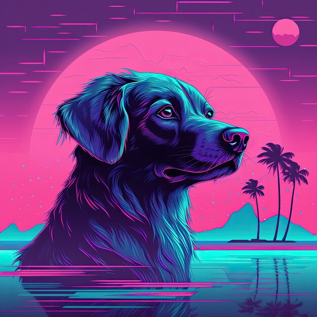 Retrato de Vaporwave gato con palmeras estilo póster de animales futuristas en neón violeta IA generativa