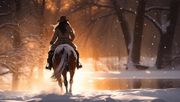 Retrato de vaqueros a caballo en la nieve