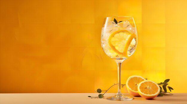 Retrato de un vaso de jugo de fruta de verano en una superficie amarilla con un gran espacio de copia IA generativa