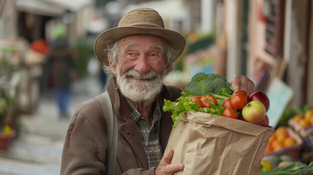 Retrato de un vendedor de alto rango sosteniendo un paquete de verduras frescas