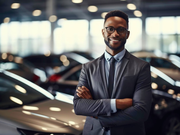 Retrato de un vendedor feliz de pie en un concesionario de automóviles Generado por IA