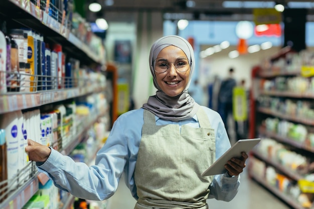 Retrato de una vendedora en un hiyab una vendedora en un departamento de productos químicos domésticos es