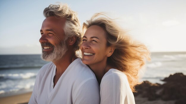 Retrato de verano feliz pareja madura sonriente juntos en la costa soleada disfrutando de vacaciones en la playa en el mar