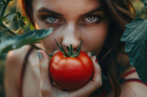 Retrato de verano de una hermosa joven con un tomate en las manos