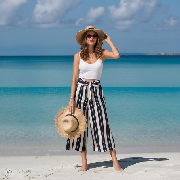 El retrato de verano de moda de una mujer elegante disfrutando de sus vacaciones de lujo en una playa solitaria a rayas