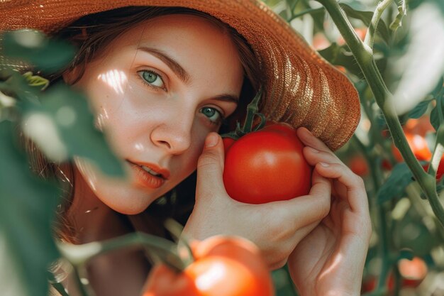 Retrato de verano de una niña con un sombrero de paja de pie junto a una planta de tomate