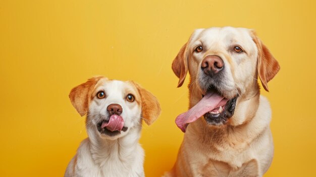 Retrato de verano, primavera, gato y perro hambrientos laméndose los labios con la lengua, aislados en un fondo amarillo.