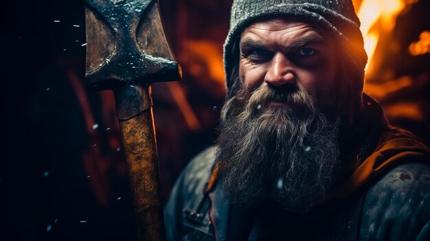 Foto retrato de un verdadero hombre barbudo con un hacha leñador barbudo con una hacha en la mano