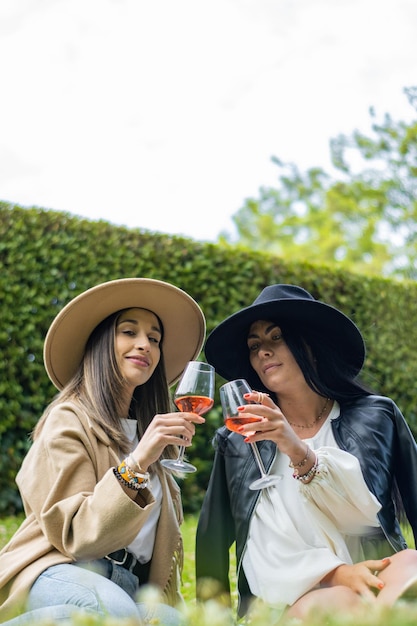 Retrato vertical de belas mulheres sorridentes em chapéus brindando e bebendo vinho no parque