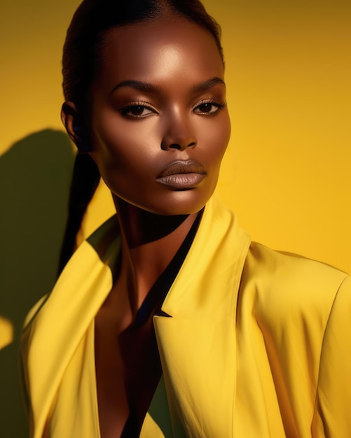 Retrato vertical de uma jovem modelo afro-americana vestindo roupas amarelas isoladas do fundo Generative AI