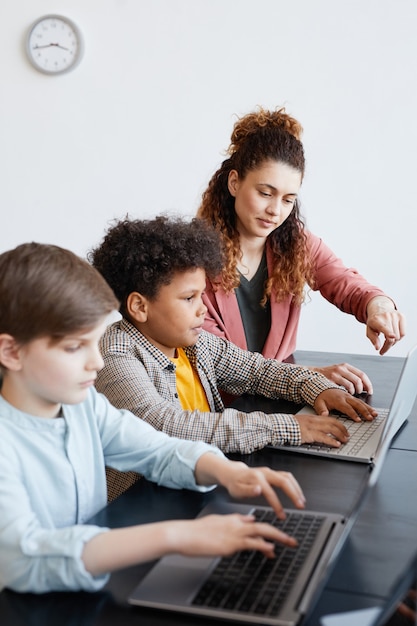 Retrato vertical de uma jovem professora ajudando um menino usando um laptop durante a aula de TI na escola