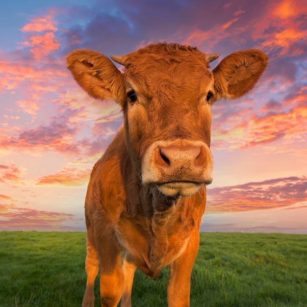 Retrato vertical de vaca marrom na Normandia, França.