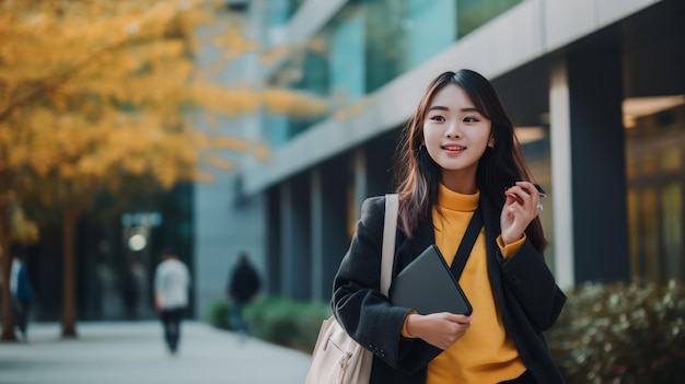 Retrato vertical de una elegante estudiante asiática hablando por teléfono móvil mientras camina sosteniendo una computadora portátil