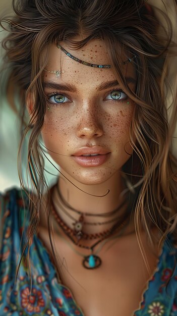 retrato vertical de una hermosa joven hippie con ropa boho chic