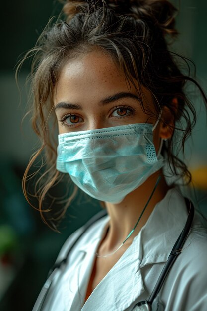 Retrato vertical de un joven médico con una máscara quirúrgica médica