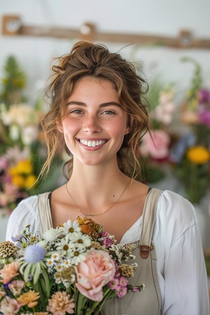 retrato vertical de una joven mujer caucásica sonriente florista con un ramo de flores interior ligero