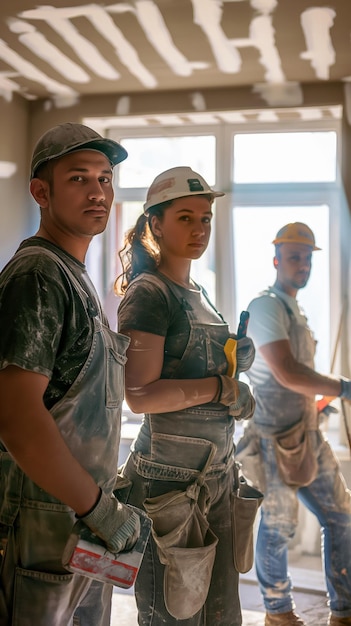 Retrato vertical de jóvenes profesionales de la construcción y mentor durante la iluminación de fondo de la renovación de la oficina