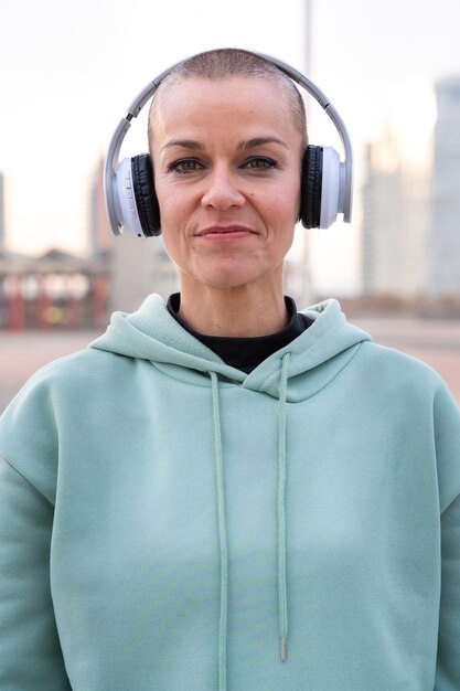 Foto retrato vertical de una mujer deportiva sonriente con auriculares mirando a la cámara al aire libre