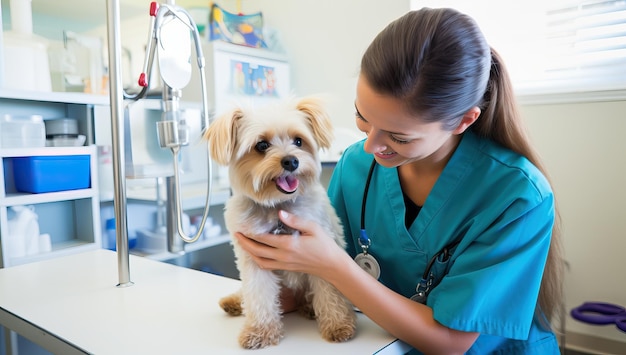 Retrato de una veterinaria examinando a un lindo perro en una clínica veterinaria