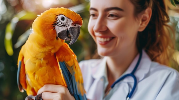 Foto retrato de una veterinaria sonriente sosteniendo un guacamayo en sus manos