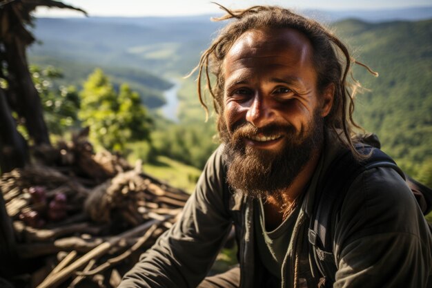 Retrato de un viajero alegre contra el fondo de la naturaleza