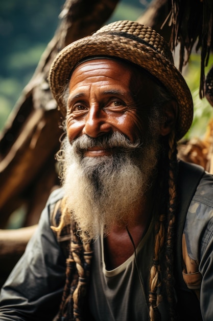 Retrato de un viajero alegre contra el fondo de la naturaleza