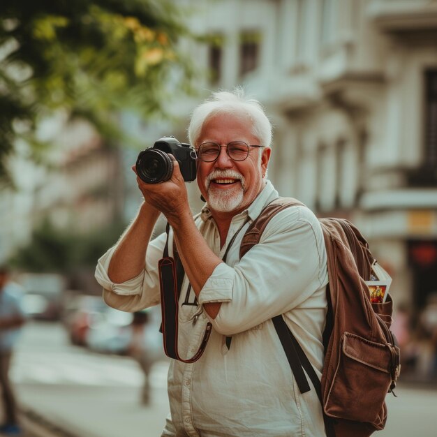 Foto retrato de un viajero con una cámara en las manos un hombre toma fotografías de puntos de referencia