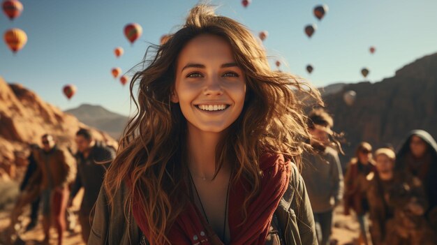 Foto un retrato de un viajero en la cima de la montaña globos de aire caliente fritando en el viaje de atrás