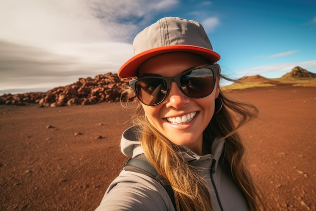 Retrato de un viajero feliz tomando una selfie