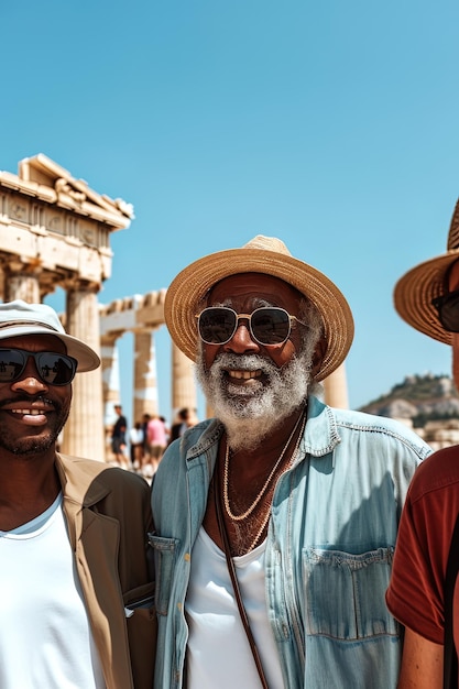 Retrato de viajeros afro mayores frente al Partenón, Grecia