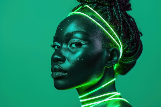 Retrato vibrante de mulher africana com cabelo verde néon e maquiagem contra fundo verde