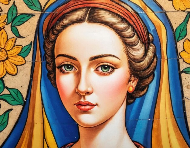 Retrato vibrante de pessoa em ambiente brilhantexA arte portuguesa de azulejos de cerâmica do século XVIII que retrata a beleza ai generativa