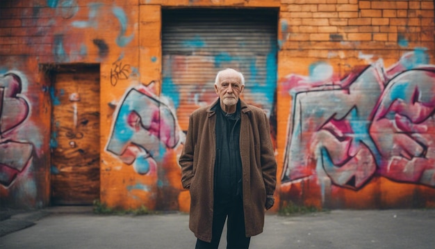 Retrato vibrante de um homem idoso com fundo de arte de graffiti