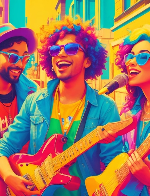 Un retrato vibrante de estilo Pop Art de tres amigos tocando música en la calle con colores brillantes.