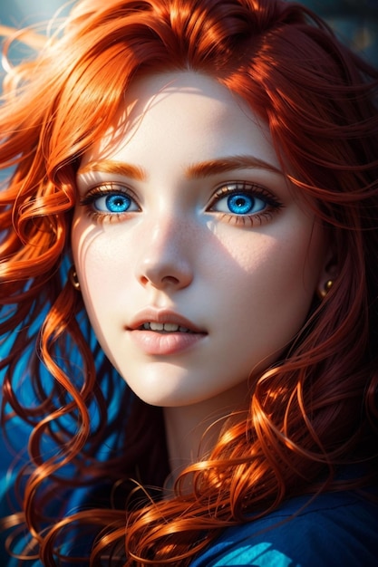 Un retrato vibrante de una mujer con cabello rojo en cascada y ojos azules penetrantes iluminados por un cálido