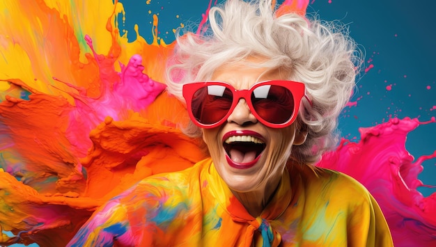 Foto retrato vibrante una mujer mayor riendo adornada con pendientes brillantes y gafas de sol capturadas
