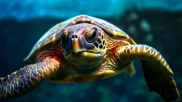 Un retrato de una vieja tortuga marina nadando en el océano