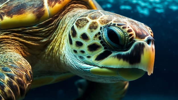 Un retrato de una vieja tortuga marina nadando en el océano