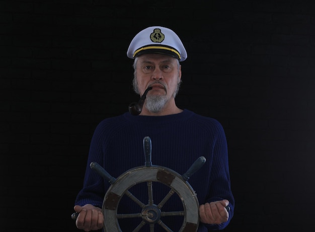 Foto retrato de un viejo capitán de barco barbudo