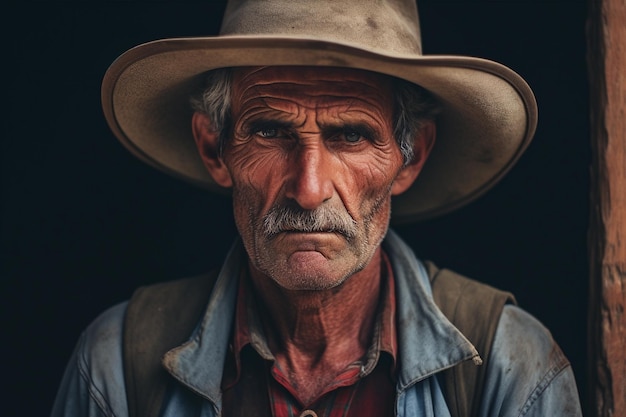 Retrato de un viejo granjero con un sombrero en el campo