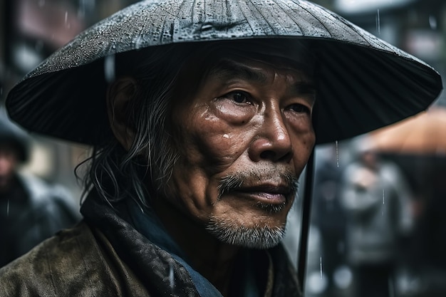 Retrato del viejo guerrero samurái japonés con sombrero en la ciudad nocturna bajo la lluvia IA generativa